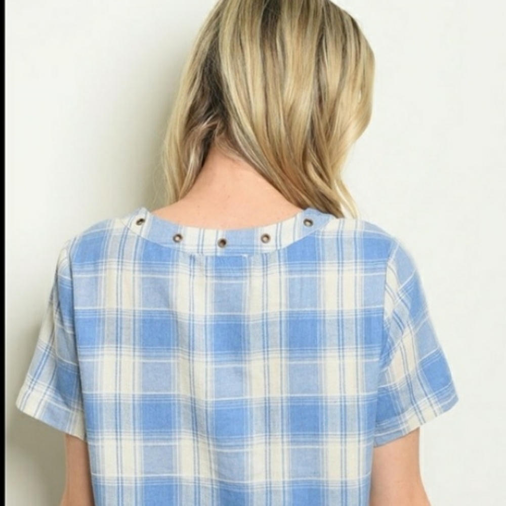 Cream and Light Blue Plaid Lace Up Dress▪︎S - Picture 3 of 6